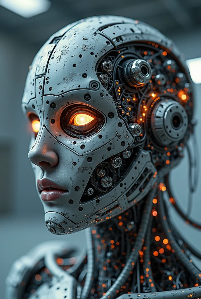 Wide angle 8k-rofile masterpiece, (Cyborg woman head with intricate LED cables:1.2), Symmetrical balance, Translucent gold body, Silver motor head, (Ray guns:1.4), Dramatic shadows, Real-Time Ray Tracing lighting, Volumetric atmosphere, 80 degree view