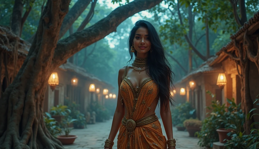 An Indian beautiful figure woman standing in front, fair complexion, hair flying, churidar down, modern dress,deep cleavage full body woman, digital art, comic art style, hyper realistic, cinematic