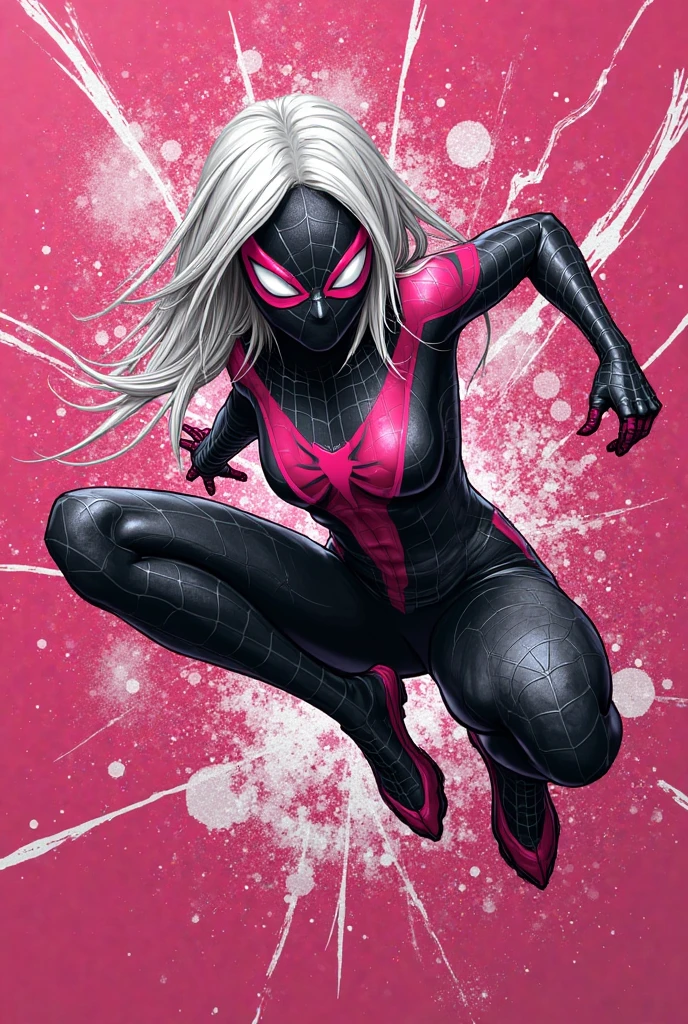 Hyper-realistic Comic portrait of a pretty Spider-gwen smiling in sensual pose, funny. Cinematic style, Marvel character, Hot body, sexy, sensual, Nice boobs, Glowing, Shadows, realistic textures. Background in paint Comic style.