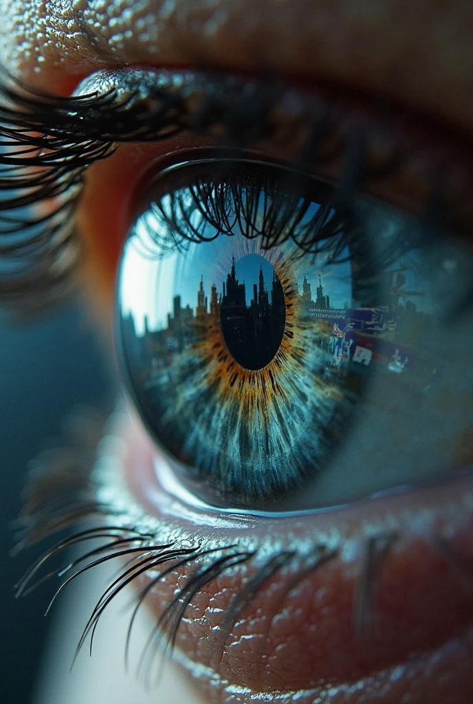 Close-up of a human eye reflecting a dystopian landscape. Hyper-realistic detail, subtle tear, introspective mood. Surreal, cinematic focus, intense. 