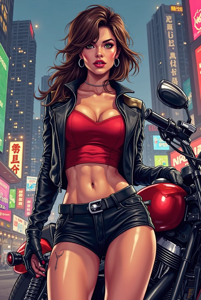 (masterpiece, top quality, best quality, official art, beautiful and aesthetic:1.2), (1girl:1.3), (gorgeous face), light freckles, fair skin, brown hair, extremely detailed, portrait, looking at viewer, solo, (full body:0.6), detailed background, close up, (airy modern theme:1.1), extremely busty but very slender motorcycle girl, ponytail, big lips, arched back, flexing, charlatan, smirk, mysterious, riding a street bike, motorcycle, sports bra, black jacket, leather pants, ((motorcycle helmet)), bullet bike, motorcycle, cyberpunk city street, well-lit, thin and toned physique, ((((gigantic breasts, cleavage, skindentation)))), slim waist, slim hips, long legs, modern (city exterior:1.1) background, dark mysterious lighting, shadows, magical atmosphere, dutch angle,