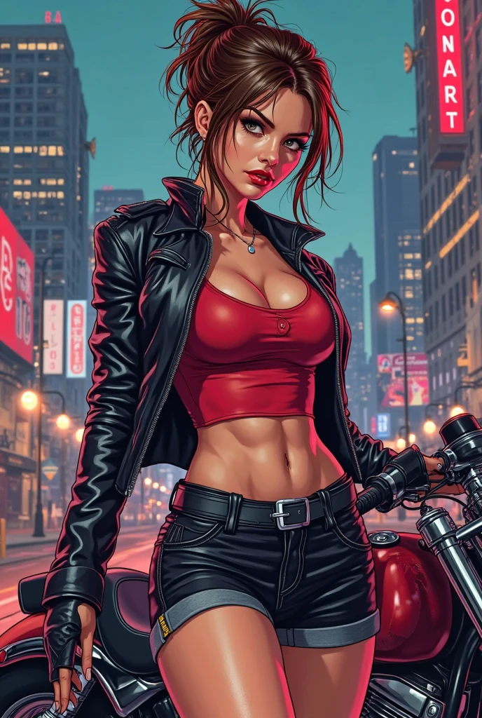 (((1girl, solo ,alone, Mortal Kombat 11: Aftermath,( toned body, athletic body, muscular ), flawless face, Sindel, black eyes, gray hair, Sidel hair, long hair pulled back, long hair slicked back, multicolored hair))), fitness, ((solo, (1woman, pink lipstick), Extremely detailed, ambient soft lighting, 4k, perfect eyes, a perfect face, perfect lighting, a 1girl)), ((fitness, shapely body, athletic body, toned body)), , ((arafed woman, alpha woman, leather jacket, posing for a picture, piercings, red bra, inked, colored, sexy girl, skulls, looking hot, gorgeous women, beautiful, red hot, black jacket red panties, jeans, unbuttoned pants, ((garage background, motorcycle in the background, wall with tools)), garage))