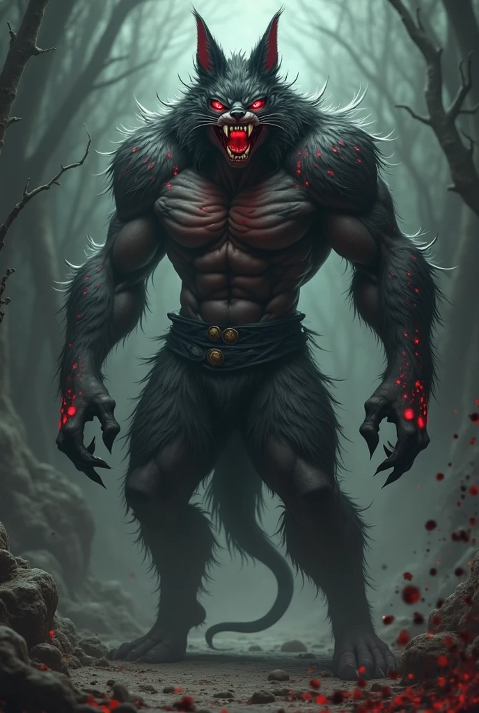Werewolf, muscular, big dick, black fur, red eyes, bloody hands 