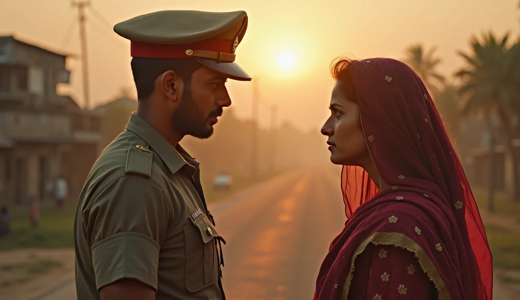 A girl wearing Pakistani traditional dress, covering her head with a white scarf sitting beside a military man in a jeep, looking at each others eyes intensely ,not standing,no physical touch