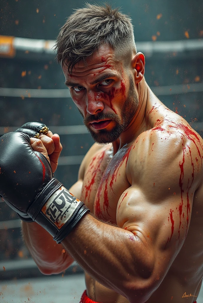 Boxeur avec visage tumefié avec verre de whisky apres combat avec bandelette main accoudé au comptoir d un bistrot ivre
Ambiance sombre
Fond avec bagarre