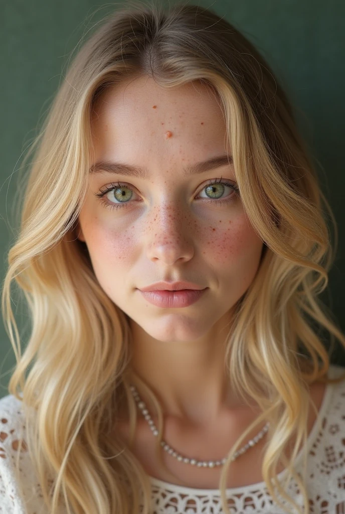 a woman with very soft and subtle freckles on her face, perfect face), 4k, beautiful young model, 8k soft portrait, reddened face and , anna nikonova aka newmilky, sexy look at the camera, luminous skin, beautiful young woman, extremely beautiful face, perfect face and eyes, extremely beautiful face and green eyes round face, detailed perfect face, sexy beautiful face with intense light green eyes, perfect face with soft beautiful freckles, beautiful attractive face, beautiful fine facial features, beautiful detailed body and face, beautiful attractive face, beautiful hair with small waves and straight, very light brown with honey blonde highlights, giant huge tits, very pretty, very soft and luminous skin ((best quality)), ((Masterpiece) ), (detailed), perfect face, 1.1, Very detailed facial and skin structure, detailed Augen, Anna Björn a chic 21 year old, selfies in her room, modest clothing, nice makeup
