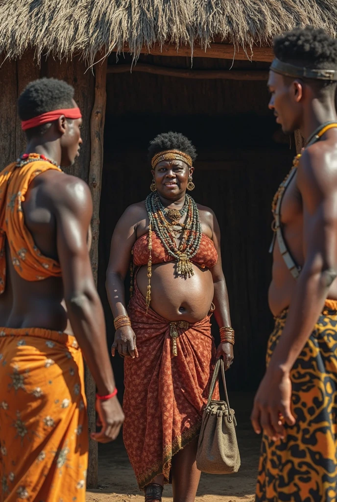 A big musqular princess is pregnant. Half of the baby is coming out of the stomach. Big house in front. Some people are crying around high quality realistic african image
