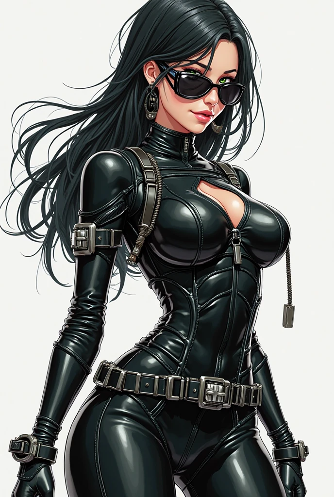 ((The baroness from G.I.joe animated series)) ((beautiful face)) (red lips) (glasses) ((very long black hairstyle)) ((very huge breasts) (perfect slim body) ((wears leather black body suit and pants, gloves, and long boots)) ((choker, belt, cobra logo)) ((posing sexy inside military base))((hold handgun pistol on hand)) (high definition, dynamic lights and shadows) ((masterpiece)) (8k) (perfect face) (best quality) (perfect hands)