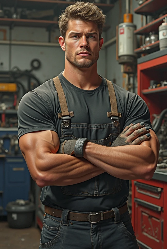 NSFW , masterpiece, best quality face, natural eyes,mature man, muscled and mature, stephen amell as a mechanic , sweating, naked, full body