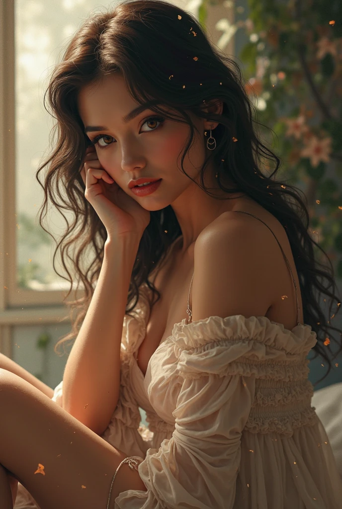 (32k:1.5, Highest quality, masterpiece, Ultra-high resolution), Professional camera work:1.6, Highly detailed skin and face textures:1.3, Captivating portrait:1.2, Very accurate, Very detailed, 2 adult females:1.0, ((Amazing night view from the rooftop:1.4, The moonlight at night illuminates my body)), (Satin Nightgown:0.7), Incredibly slim body, Sensual sitting position, sense of loss, sorrow, Expression of sorrow, (Big eyes that exude beautiful eroticism:0.4, Small face, A dreamy look:1.0, I love you with all my heart:0.8, Please open your mouth a little, lipstick, Feel the beautiful eroticism:0.9), (Wet dark brown medium length hair), Candles, The chest is medium, Earrings, necklace, bracelet, (romantic, mysterious), Fair skin, elegant, Object of admiration, original, dramatic, Artistic, Innovative, charm, Heartful, Fancy, sense of openness, sense of cleanliness, special, exciting, Extreme, Tilt, ((Adult charm, Feminine charm, Hair blowing in the wind)