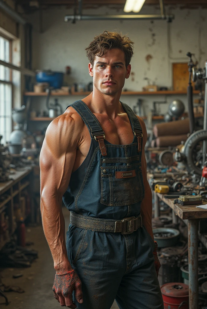 ((view from low view )) reflect the strength and masculinity of European, 20 years old, workers shirtless, barefoot, Caucasian ethnic physical characteristics 1. Industry: Oil Background: Offshore oil platform. Leg Position: Spread apart, in a balanced stance. Arm Position: One arm lifting a heavy tool, the other resting on the hip. Action: Adjusting a valve. Color Palette: Metallic tones and dark blues. Facial Expression: Focused and determined. Model’s Facial and Physical Characteristics: Angular face, stubble beard, muscular. ((Highlight the rippling muscles evoking the strength, symmetry, beauty of the male body.)) by Aaron Horkey and Jeremy Mann, masterpiece, best quality, Photorealistic, ultra-high resolution, photographic light, illustration by MSchiffer, fairytale, Hyper detailed A mixture of photography and painting, simetryc Composition, Perfect Divine Proportione, 8k resolution fullbody image body, oil painting fullbody image,(( view from low view)) A young man, white skin, ginger, barbed, hairy body, thin face, straight nose, thin lips, square chin, large light blue eyes, short red wavy hair, in roberto ferri style, aesthetic slim athletic body, ginger realistic skin, gorgeous, detailed tonned muscles, barefoot, perfect anatomy, muscled fitness body, Young man, perfect anatomy, , energetic splendid, Barefoot, naked, small flacid penis, slim and detailed muscles, shirtless, pantless, fullbody, wearing sandals, the composition of shadows and lights give an atmosphere of spaciousness,
