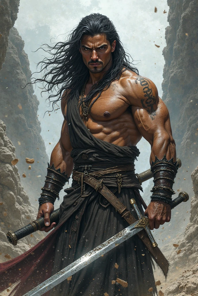 white warrior, adolescent male, muscular, with a knife in his hand, with Indian paint, black hair, tanned skin. --auto