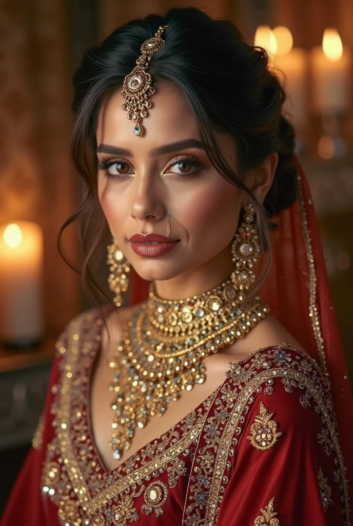 Create a 3D illustration of A 20 year-old girl wearing pakistani Bridel dress in red color with beautiful bridal makup like kashee's artist salon mAkup & beautiful jewelry only her face & half body i want her image for a beauty salon bridel makup service ads. Her makup is perfect & beautiful she is looking soo beautiful & beckground thame is luxery gulter c green