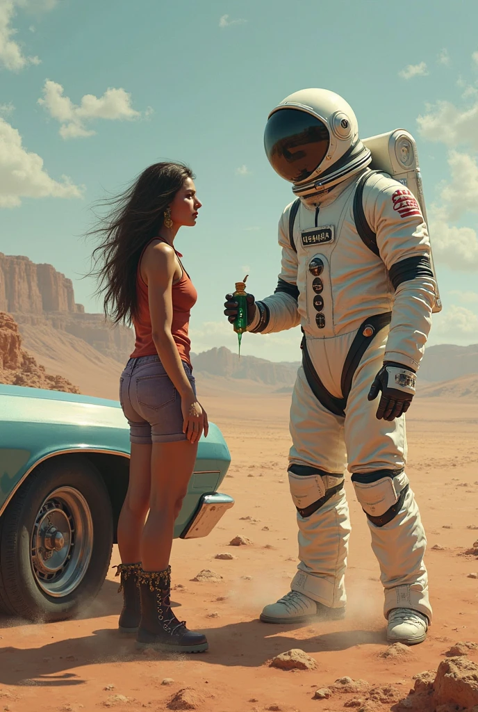 ((masterpiece, best quality)), ((25 year old)), (((Curvy))), (Caucasian woman with green messy hair), in grey strapless bra, ((grey cotton panties)), ((standing in the desert on an alien planet)), (Female astronaut standing in the background, (back towards the camera), (((photo realistic))), ((90's film, 90's movie scene, 90's TV Style, 90's women's underwear commercial))