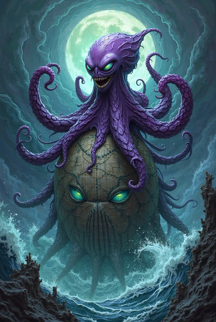 cute sleeping chthulhu,(human body,head of octopus with tentacles, claws), the dark and mighty beeing known from stories of h.p. loovecraft and his necronomicon, lying sweet dreaming on a pillow with his red-striped pet cat surrounded by stuffed animals and toys.the scene is totally absurd and full of color, Detailed and Intricate, Anime, Concept Art, Fantasy, Ink, Pastel Art, Funny, Happy, by Artgerm, by HP Lovecraft, by masamune shirow, by hyung-tae kim, Digital Art