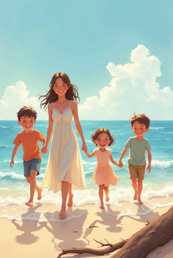 Mother of a boy and a girl on the beach