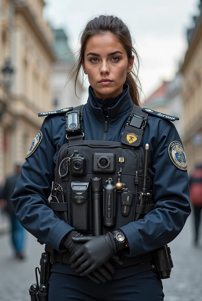 Policial militar branco, PETROLEUM BLUE UNIFORM, colete preto, armado, with a pen in hand 