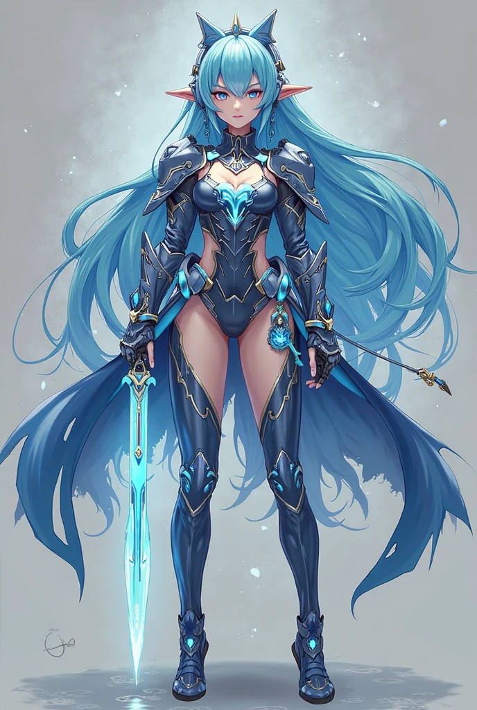 Structure générale : Le personnage a une silhouette athlétique et élancée, avec des courbes définies par une armure noire brillante. Les jambes et les bras sont longs et minces, avec des articulations aux formes angulaires et des segments qui s'illuminent de néons.

Tête et casque : La tête est couverte d'un casque cybernétique élégant, similaire à celui du troisième personnage, avec des oreilles pointues et allongées en arrière. Les yeux sont masqués par une visière noire réfléchissante, et des accents lumineux cyan parcourent les contours du casque.

Torso et design du corps : Le torse est sculpté, montrant une armure de type exosquelette avec des parties dorées métalliques, similaires au premier personnage. La taille est cintrée, et l'armure épouse les formes du corps tout en offrant une protection à haute technologie.

Queue et accessoires : Le personnage possède une queue large et volumineuse, qui semble avoir des propriétés mécaniques et qui est couverte d'une surface noire brillante avec des accents lumineux rouges, en écho à la deuxième image. Cette queue pourrait aussi intégrer des éléments turquoise du troisième personnage, créant un contraste saisissant.

Bras et jambes : Les bras sont longs, avec des gants robustes et des avant-bras couverts d'une armure segmentée. Les jambes sont similaires à celles des trois personnages, longues et élancées, avec des bottes qui s’illuminent de motifs géométriques cyan et dorés.

Effets lumineux : Le personnage a des bandes lumineuses cyan et rouges qui parcourent son armure, avec des éclats de lumière aux jointures, comme au niveau des coudes et des genoux. Les détails lumineux soulignent les lignes du corps, créant une aura à la fois mystique et futuriste.

Posture et attitude : Elle adopte une posture confiante, légèrement en mouvement, avec une main ouverte, montrant une énergie qui s'échappe de ses doigts. L'autre main tient une arme futuriste compacte, stylisée, qui reprend les motifs lumineux de son armure.