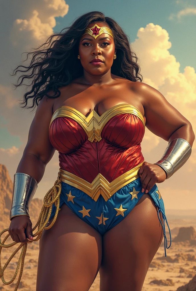 The most beautiful picture in the world. A team of fat black giant gigantyc bbw polynesian female sumo evil superheroes in the sky above a ruined future city. Gigantic woman 20 stories tall. Art by Stanley Artgerm Lau, Charlie Bowater, Julie Dillon. absurdrez, midjourney, trending on deviantart, masterpiece, directed by steven Spielberg, Guillermo Del Toro and peter jackson. intricate details, 4k, 8k, highres, absurdres, best quality, high quality. (dark skin) ebony, chubby, wide shoulders, stocky, chonk, thicc, chonky, black and gold, powerful, intimidating, bully, thick thighs, fat thighs, leotard, dominant, domineering, dom,