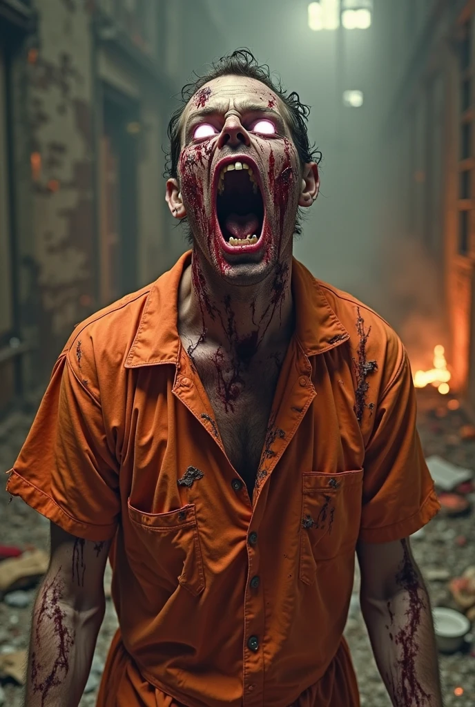 maniacal laugh, mouth wide open, eyes with red light, dark, zombie gray skin, black jersey