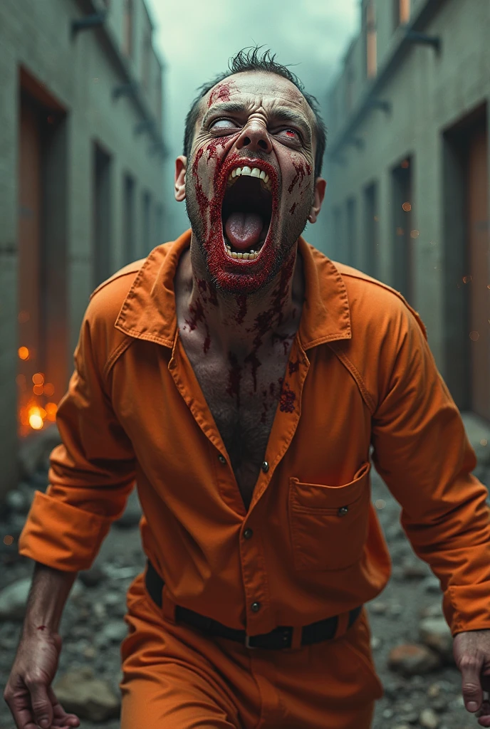 A young man, Bblack hair, short and messy, pele brothers, white eyes with black pupil, big black shadow on face, blood cut resembling a smile on the face from ear to ear, blood stained white sweatshirt, black jeans pants, All star therefore, knife, house background oeging fire.