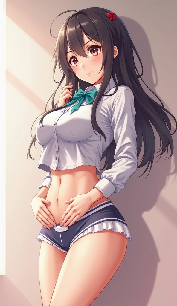 masterpiece、High resolution、High resolution、4K、8k、(((Spread your legs、Big Breasts、Exposing the breasts)))、((Shiny underwear、Panties worn)))、Uniform sailor suit、Beautiful beauty、Long black hair、((whole body))、(((Photo taken from below)))、School、classroom、Large Breasts、Big Breastini skirt、Panties are black、Japanese、expensive、Long limbs、18-year-old、Guan Yu Yunchang、A beautiful nose like a model、Please put your hands on your hips、Natural smile、Sexy pose、Hairstyle: Long hair、Beautiful belly button、Absolute area