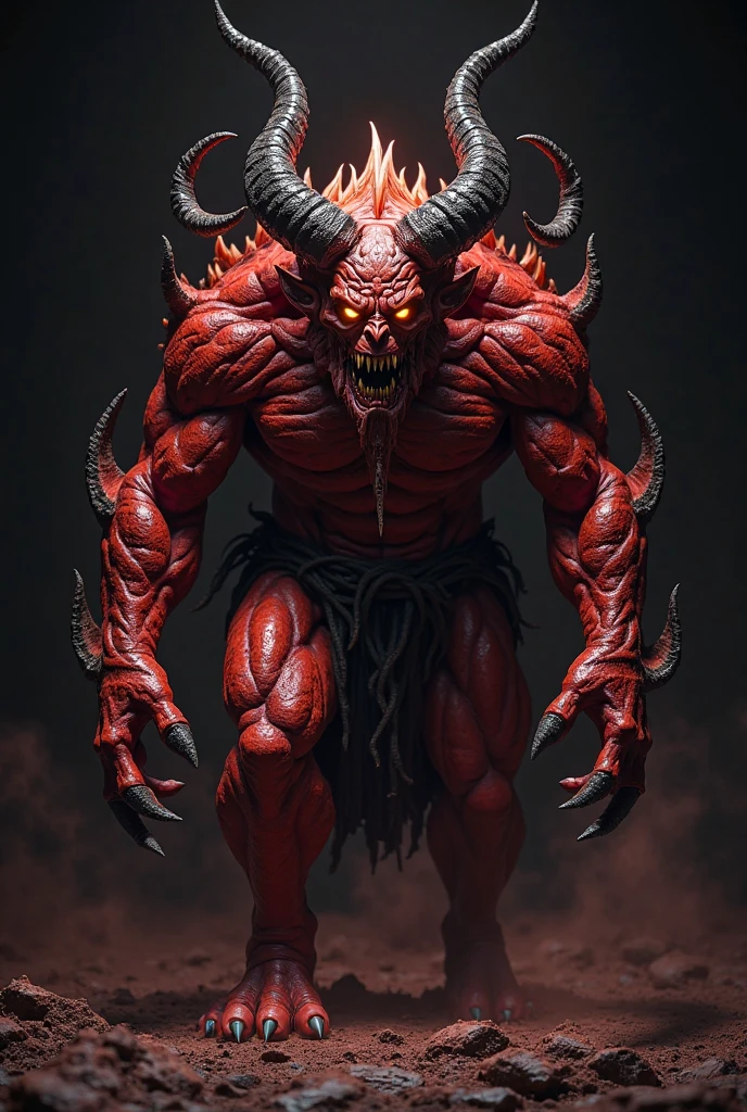 fking_scifi_v2, a demon, devil, imp, devil horns, doom \(series\), weredemon, werecreature, portrait, detailed, (red skin), green eye, glowing eye, fire, in hell, thick neck, huge muscles, large muscles, red smooth skin, thick pecs, slightly chubby, 80mm, f/1.8, (((nude))), symmetrical, hyper detailed, ultra realistic, unreal engine 5, studio lighting, cinematic, High Detail, dramatic, cinematic, 8k, highres