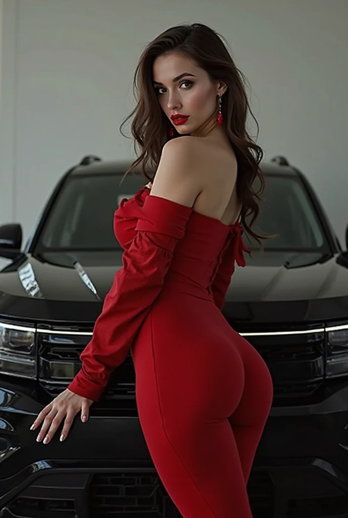 Biggest Booty sized women,highest realistic, standing beside on the red car,wearing small tight miniskirt, super hot sexy, skin tight outfit,brown light skin color,looking sexy and hot,cropped sexy,facing camera front, Having CURVY BIGGER WIDE BREASTS,Thick big body thighs,realistic,High quality,Wearing red bra ,curvy ,thick, showing big hips, WIDE CURVY BIGGEST ASS, showing big curvy ass,big ass