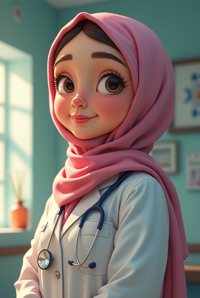 (Best quality,4K,8 k,High accuracy,Masterpiece:1.2),The doctor asks the girl at the doctor for treatment, smiling, wearing a hijab and Islamic clothing. ,Vibrant colours,downy, Natural lighting,Exceptional clarity and precision in Pixar style