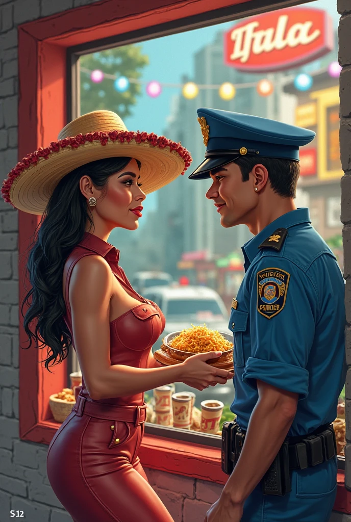 A young adult moroccan handsome boy with nice broad shoulders with streetware style dress who prepares burgers throws black look add style gta high quality fast food background background new generation sexy young woman is serving customers/A young adult moroccan handsome boy with nice broad shoulders with streetware style dress who prepares burgers throws black look add style gta high quality fast food background background new generation sexy young woman is serving customers