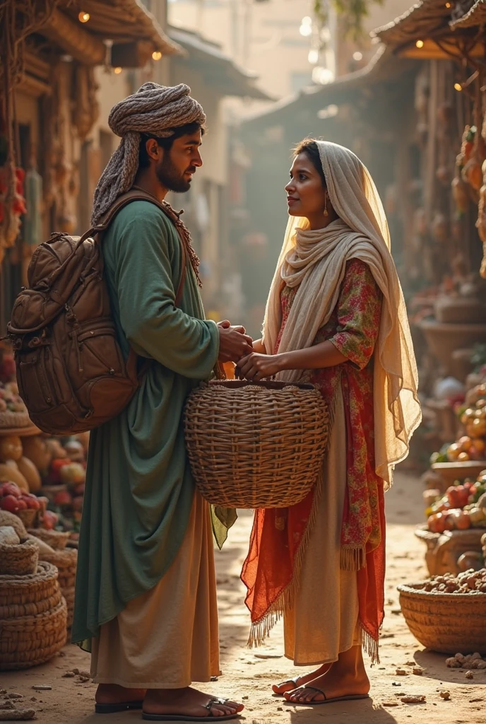 A picture of a traveler interacting with locals in a market, showing a respectful and curious approach.