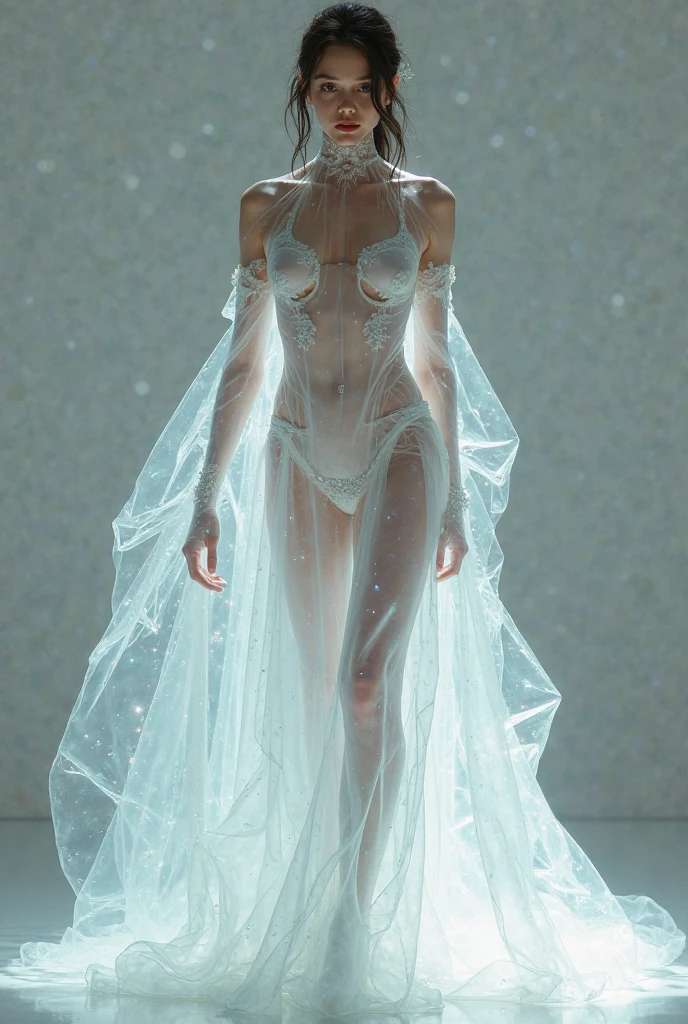 Woman in dress with veil and gloves, Translucent dress, Vera Wang Couture, ハイfashion! fashion!, ハイfashion fashion, !!! ハイfashion!!!, high fashion ハイfashion, !! ハイfashion!!, ハイfashion, See-through dress, ! ハイfashion!, Futuristic and fantastical, Wearing an organza gown, Herpen Iris!!!, Inspired by Giorgio De Vincenzi