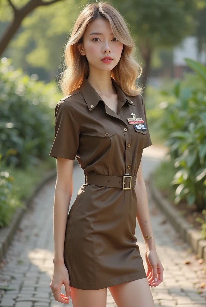Fashion model 25 years old [[[[close up]]]], [[[[neck]]]], [[[[Shoulder]]]], Perfect eyes, Perfect iris，Perfect lips，Perfect Teeth，Perfect skin，White skin，Soft headlight，High-density imaging review，（Face is clear and delicate），((Tight military uniform))，best quality，masterpiece，（Soft colors：1.2）