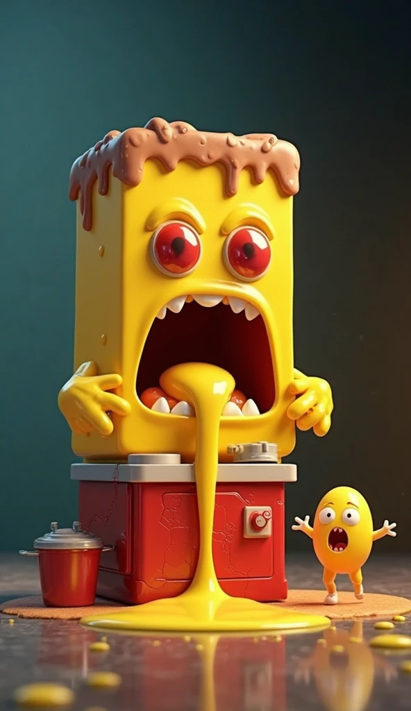 (masterpiece, Highest quality, Very detailed, 8k wallpaper, Realistic), Concept Art, anthropomorphic bread toaster, a monstrous device, Whimsical, blackmail in the kitchen, Cartoonish, Vibrant、cute