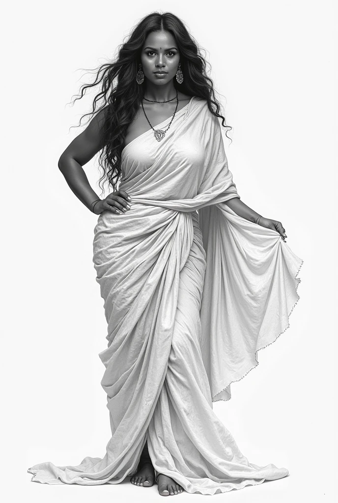 Black Fat Women Beauties Portrait Coloring Pages for adults, Full body wear white lehenga clothing, different style clothes , white skin Fat Black Woman Grayscale Coloring Book, White Background, no shadow on image, outline body, best quality, masterpiece, detailed, perfect face