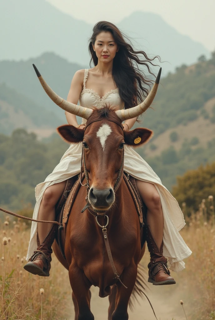 "A centaur-like figure with the upper body of a beautiful woman and the lower body of a cow, standing in the middle of a misty mountain forest at night."