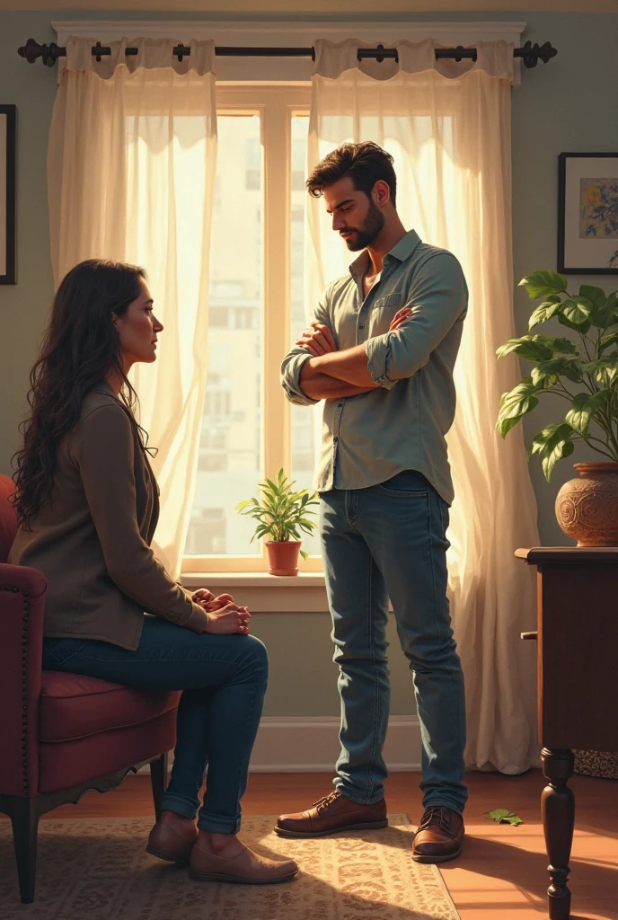 170 cm tall, 24-year-old woman with very pale skin, vibrant maroon wavy medium-length layered hair, parted to the side, fit figure, long turquoise top, black pants and grey flats with a tentative expression sits next to a very tall 209 cm tall, 29-year-old muscular attractive man with black short layered swept back wavy crew cut hair, short black facial hair, shirtless, Mediterranean-Native American features, black t-shirt and black cargo pants kind smile expression, sitting on the other side of comfortable three seat couch nestled underneath a window inside a huge empty dark wood library. Photorealistic, cinematic.