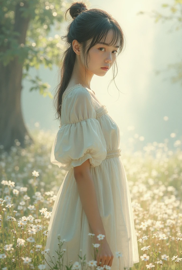 (8k, RAW photo, best quality, masterpiece: 1.2), (realistic, photorealistic photo: 1.37), professional lighting, photon mapping, radiosity, korean doll, park, white summer dress, good-looking eyelashes