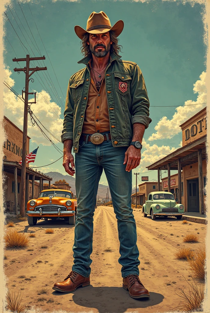 wasteland，西部牛仔sit在石头上弹吉他，(sit:1.2)，Wear a cowboy hat，Rusty，The skyline in the distance，Western style background，Sunset