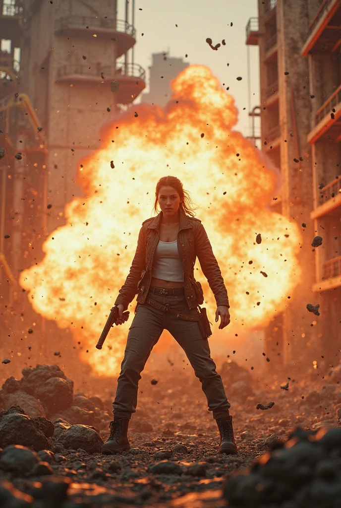 The heroine of the movie "GODZILLA Godzilla". A white woman desperately fleeing from Godzilla in a devastated Los Angeles, (((Her hair is disheveled and her whole body is stained with soot, her T-shirt is torn, her miniskirt is ripped, and she runs through the rubble looking frightened. Her thighs are covered with dirty bandages and her whole body is covered with wounds))). Crumbling buildings, burning flames, blonde hair, white skin, smooth skin, stunningly beautiful face, detail, photorealistic, 8K