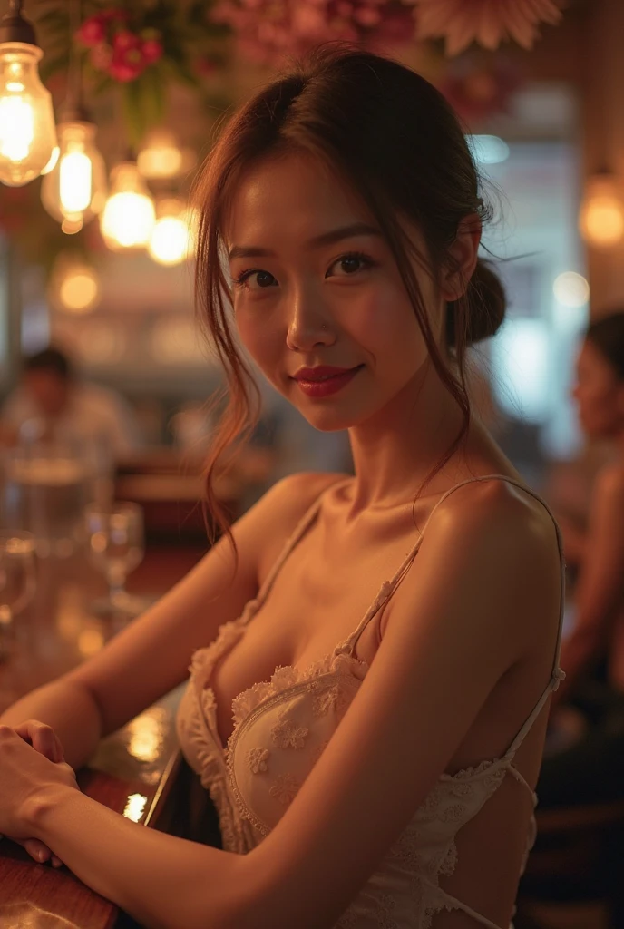 Highest quality、Japanese、18-year-old、(Hostess)、Brown Hair、private、Off-shot、(Selfie:1.3)、Selphy、(1 person)、(slender:1.2)、(Black camisole:1.3)、Nightclub、Sitting