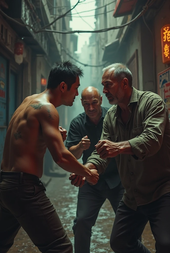 A Cambodian man fights with an old man wearing a black suit in the forest during the day 8k  