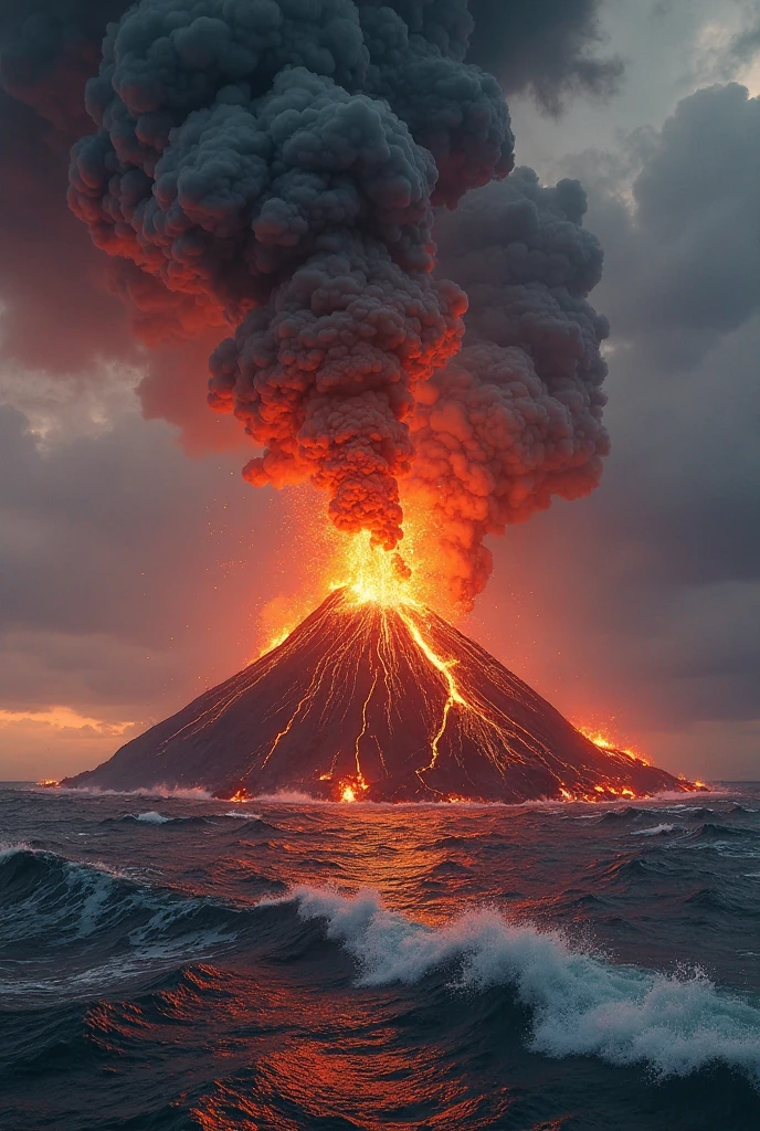 Photorealistic realism (a volcano erupts: 1.37),(Undersea volcanic eruption), volcano exploding，Lava eruption，Smoke rises into the air，Ominous clouds，Red volcanic magma flowing in the fissure，Liquid magma，A large amount of liquid magma，A splash of hot magma, Scorched black rock, (Sky volcanic ash), Sea, (rolling waves: 1.0), Fire red sky, disrupt, Reflection, Epic picture, shocking effects, Photography,Photography,A beautiful painting by Barnett Newman,Photorealism,Imaginative,Otherworldly,Image from the work of Darren Aronofsky,Quixel Megascans Render,The picture is from Roger Deakins's work,Image from Zach Snyder's work,illusory engine,High detail,hyper qualit,high resolution,trending on artstationh,surrealism,8KB view,Beautiful lighting, --AR 9:16 --V 5.2 --Upper Beta --Stop 80