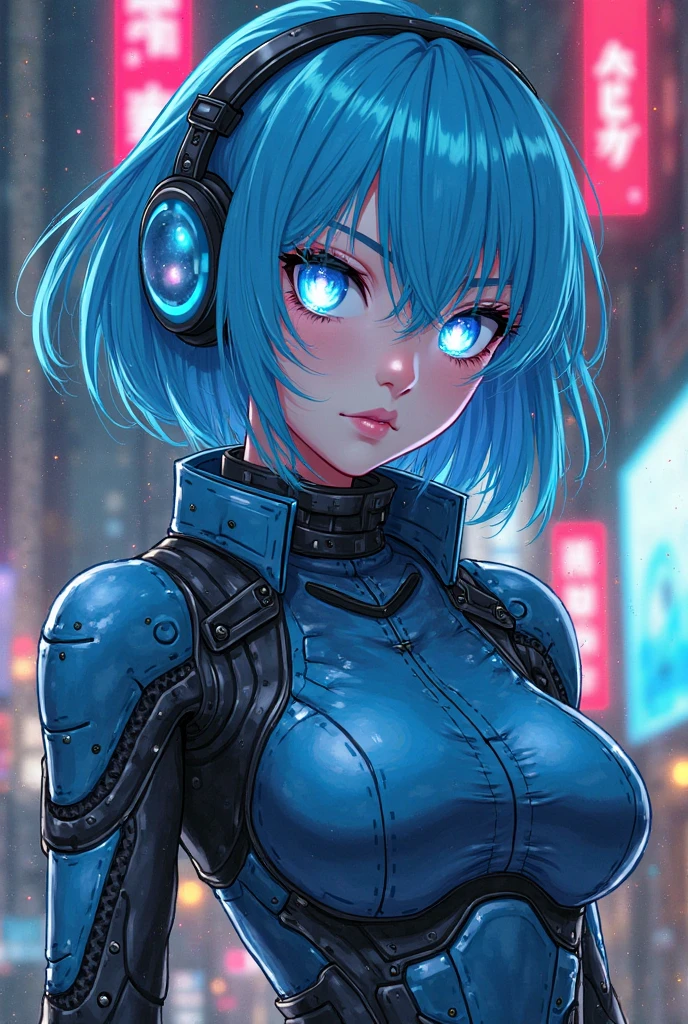((masterpiece, highest quality, Ultra Clear, High resolution)), alone, beautiful girl, Shining Eyes, Perfect Eyes, 30 years old, Blue Theme, cyberpunk,Blue Hair,Neon Light,Cyberpunk Landscape,Cyberpunk Gadgets,Large Breasts,
