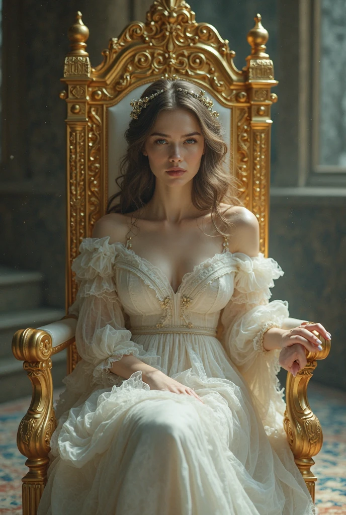 One princess. She describes herself as a sad young woman, blue-eyed and with a mouth compared to a rose or a strawberry. She is pale and sitting on her golden chair. The princess wears luxurious clothes, Possibly made of tulle, and lives in a royal palace full of riches, but feels trapped, as in a "marble cage".