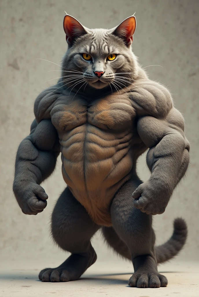 brutalmass, furry growth, hyper growth, hyper muscles, a cat, blue, cute cat, shirtless, white shorts, muscular, on a gray background