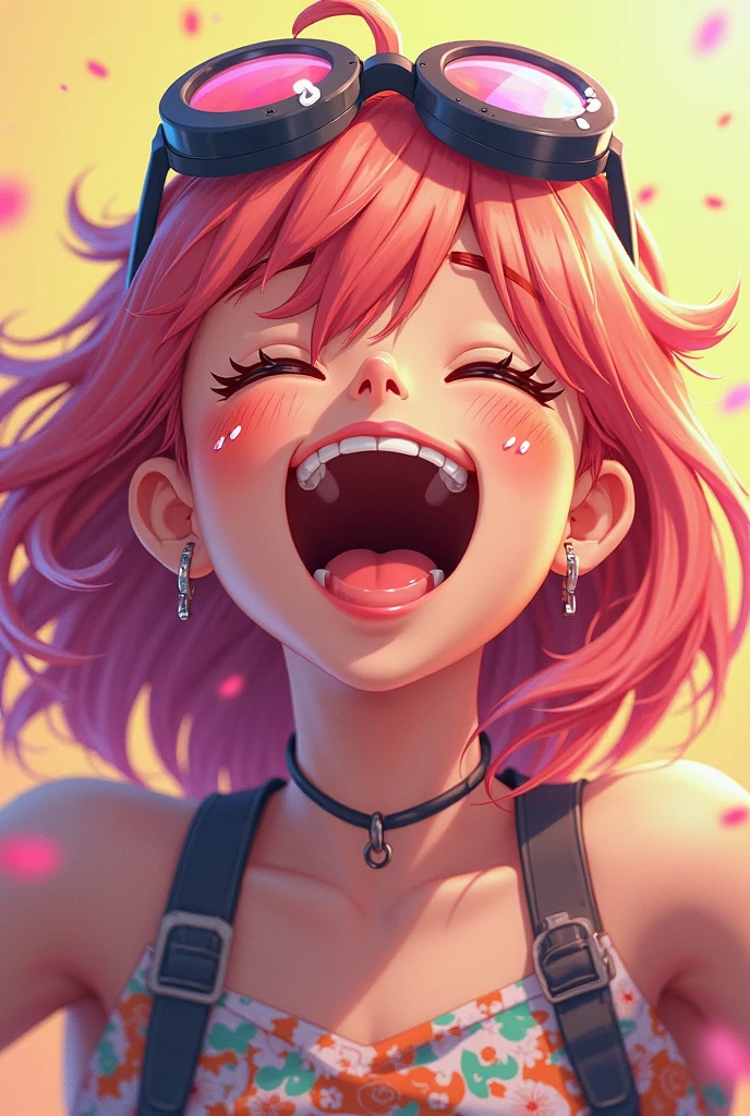 close up head and middle body photo, extremely detailed wide open mouth, a 21 year old girl licking her own hand fingers with a lot of saliva, saliva drooling, tongue out, you can see her tonsils and uvula, ahegao face, squinting eyes, her fingers touching her hand, brunette, coquette bow in hair, she is totally nude, low angle, from below, vibrant pink color background