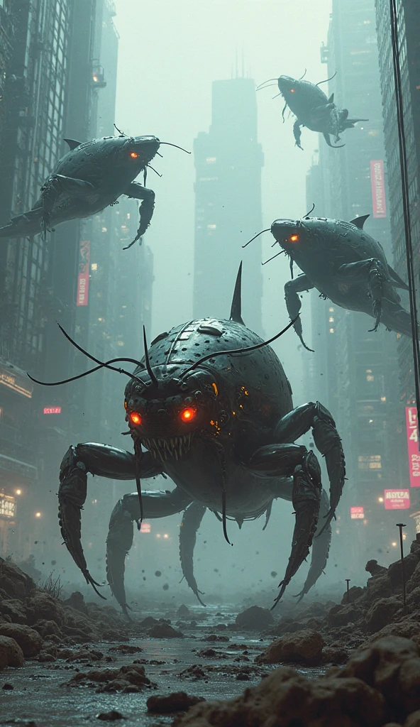 giant dark red flea-like creatures eating terrified humans in a barren futuristic night city, gore, blood, nightmare 