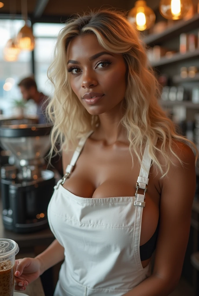 Black women、White rabbit ear headband、Toothy Smile、Huge breasts、Plump body、White leotard、White fishnet stockings、Inside the bar