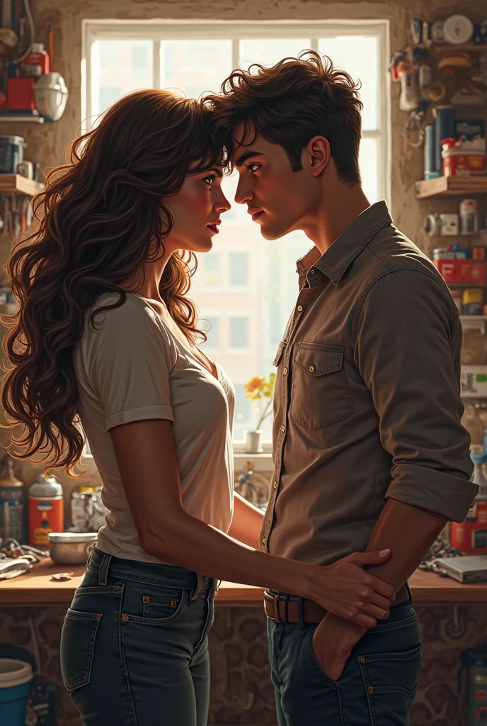 a car mechanic and a woman making out in his workshop, while the wife of him enter and gets surprised. --auto